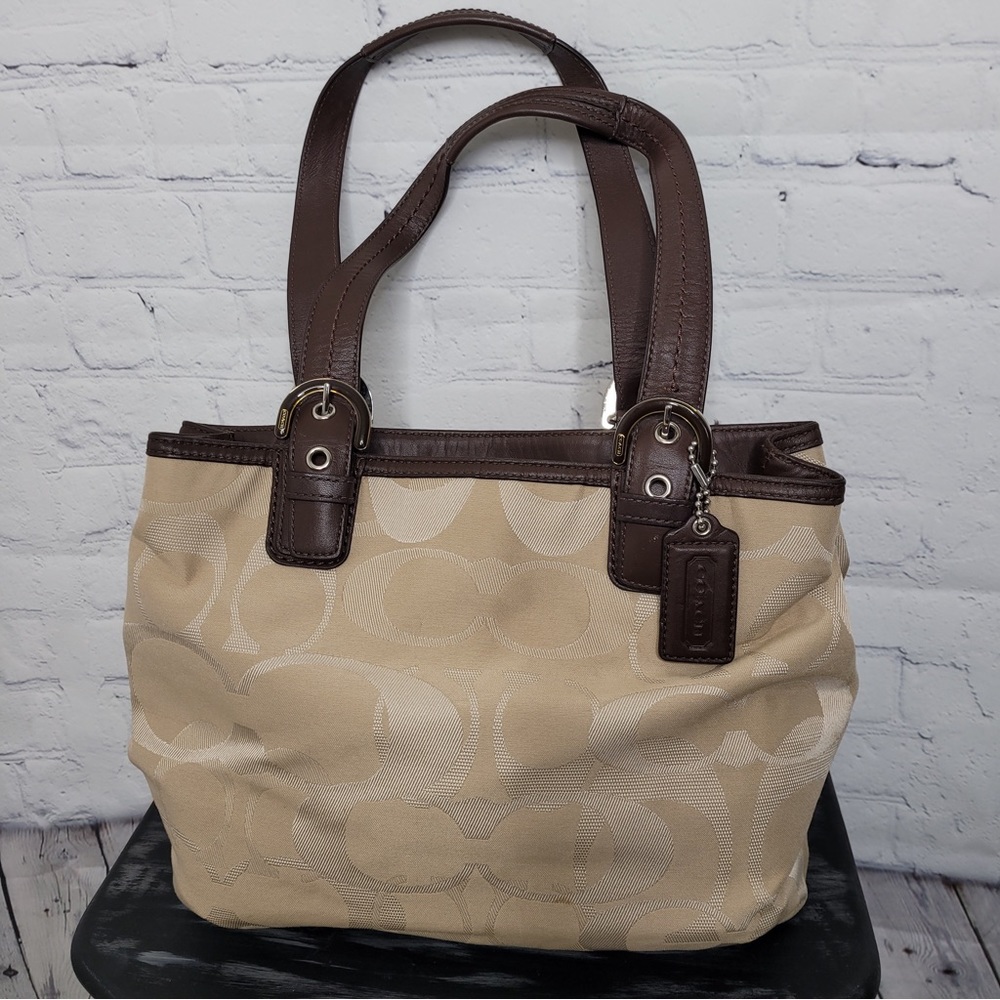 Coach Brown Beige CC Leather Tote Shoulder Bag Purse